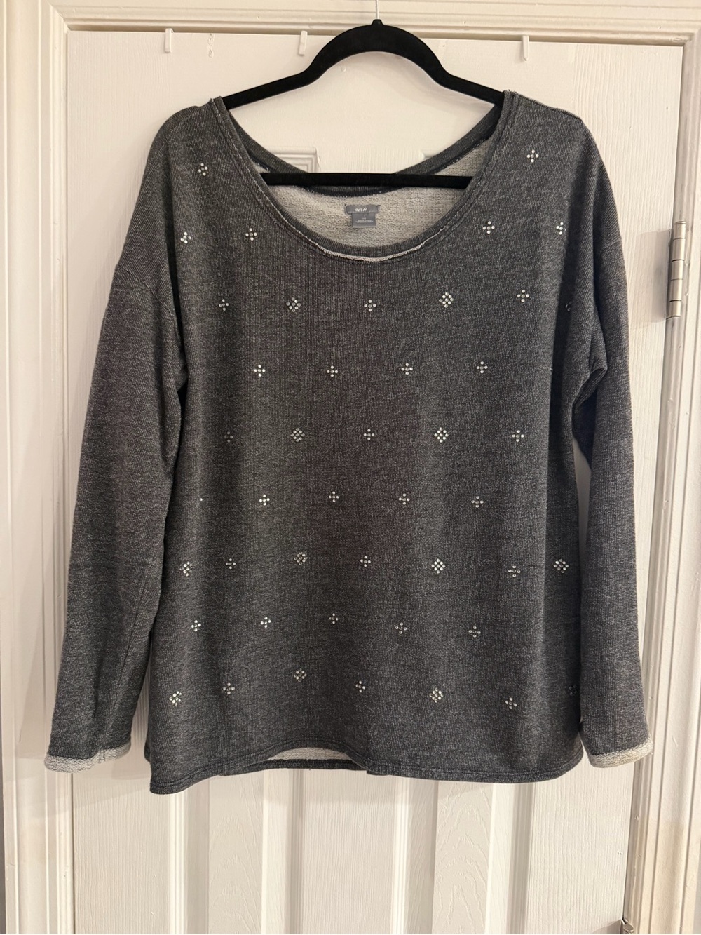 Aerie Size L Gray Rhinestone Embellished Wide Neck Pullover Sweatshirt Y2K
